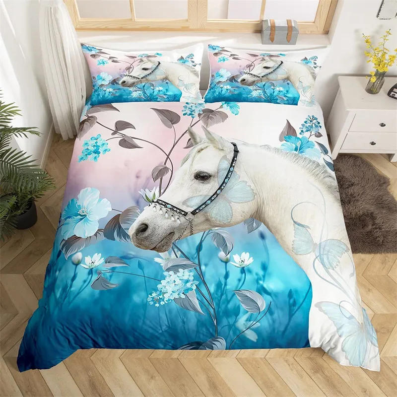 

Horse Duvet Cover Farm Animals Bedding Set For Kids Girls Microfiber Spring Nature Floral Quilt Cover Western Cowboy Bedclothes