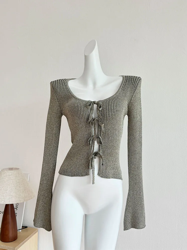 High Quality Grey O-Neck Slim Crop Tops Women Long Sleeve Bow Bandage Design Cardigan Autumn 2024 Fashion Sexy Knitted Sweater