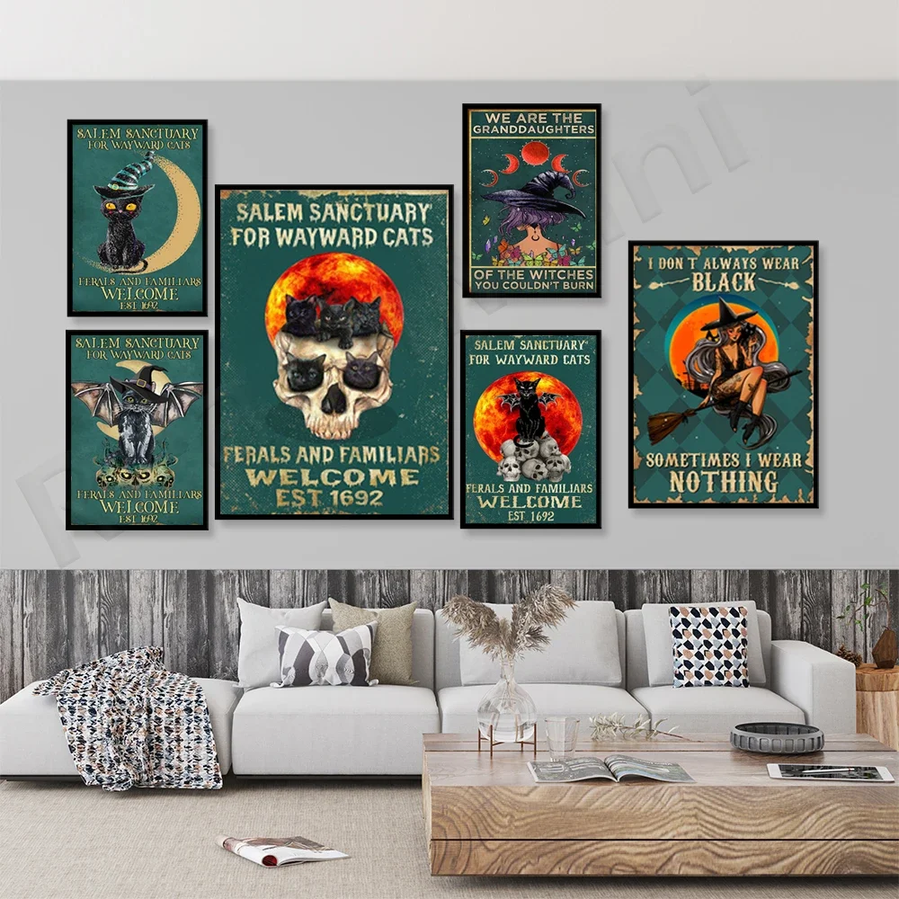 Salem Refuge Wayward Cats Wild and Family Posters, Funny Black Cats Halloween Posters Halloween Decoration Canvas Gifts, Evil Wi