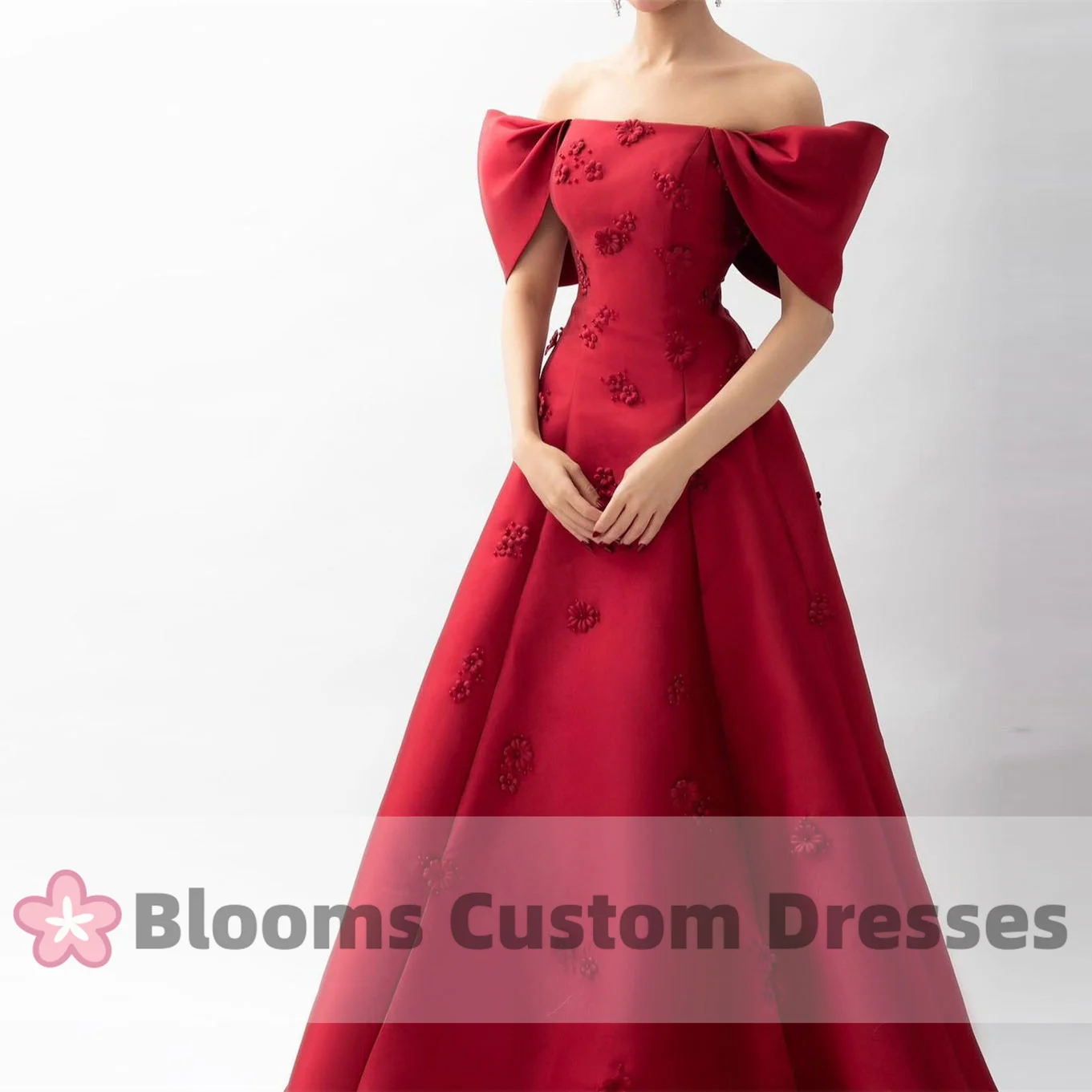 

Blooms Off Shoulder Flowers Beaded Evening Dresses A-line Arabia Satin Gorgeous Formal Occasion Wedding Party Dress For Prom