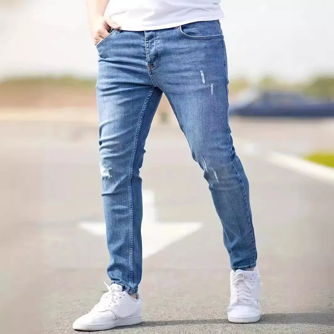 

Men's Slim Fit Elastic Denim Jeans Casual mid Waist Zipper Opening Low Dungaree Crossbody Tight Jeans Hole Punching
