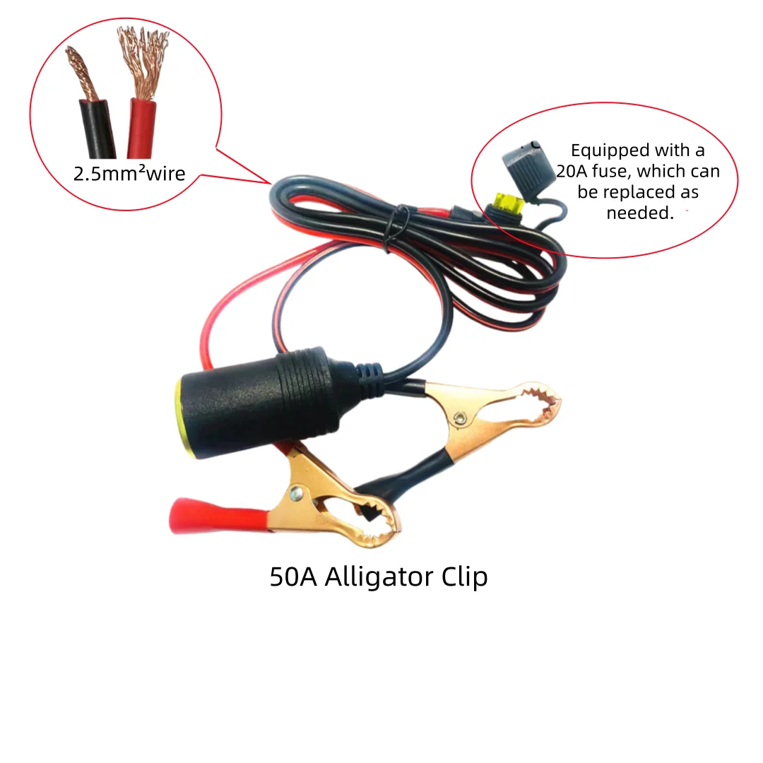 

Зажим «крокодил» 50А, зажим для автомобильного аккумулятора, вилка прикуривателя, розетка, преобразователь мощности, удлинитель подключения