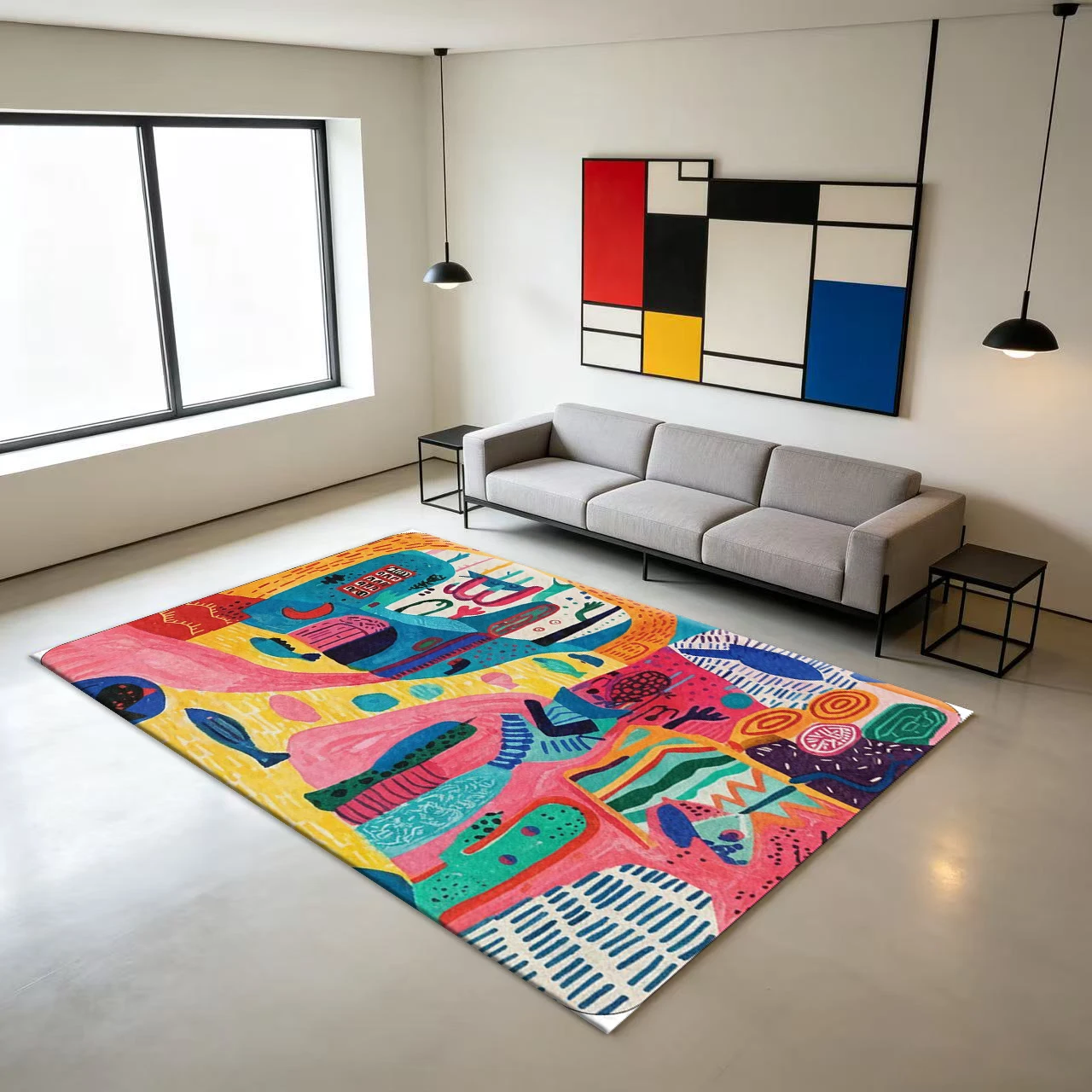 Colorful Abstract Folk Art Painting Carpet Flooring, Creative Bohemian Non-Slip Area Rug for Living Room Bedroom Home Decor