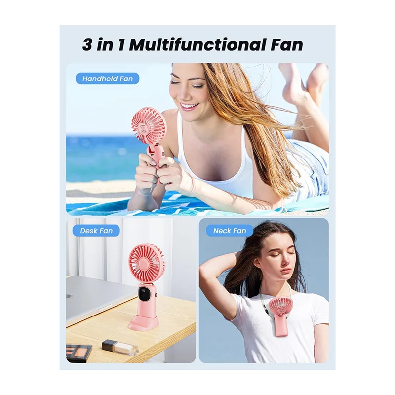 Portable Handheld Fan, 4000MAh Neck Fan with LED Display, Foldable Desk Fan with Base, 5 Speed Fan for Women Pink