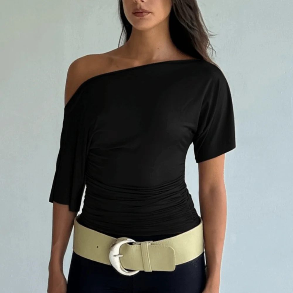 

Casual Elastic Slant Shoulder Top Ruched Crop Fashion Slim Fit Off Shoulder Top Solid Pleated Solid Color Holiday Beach Top