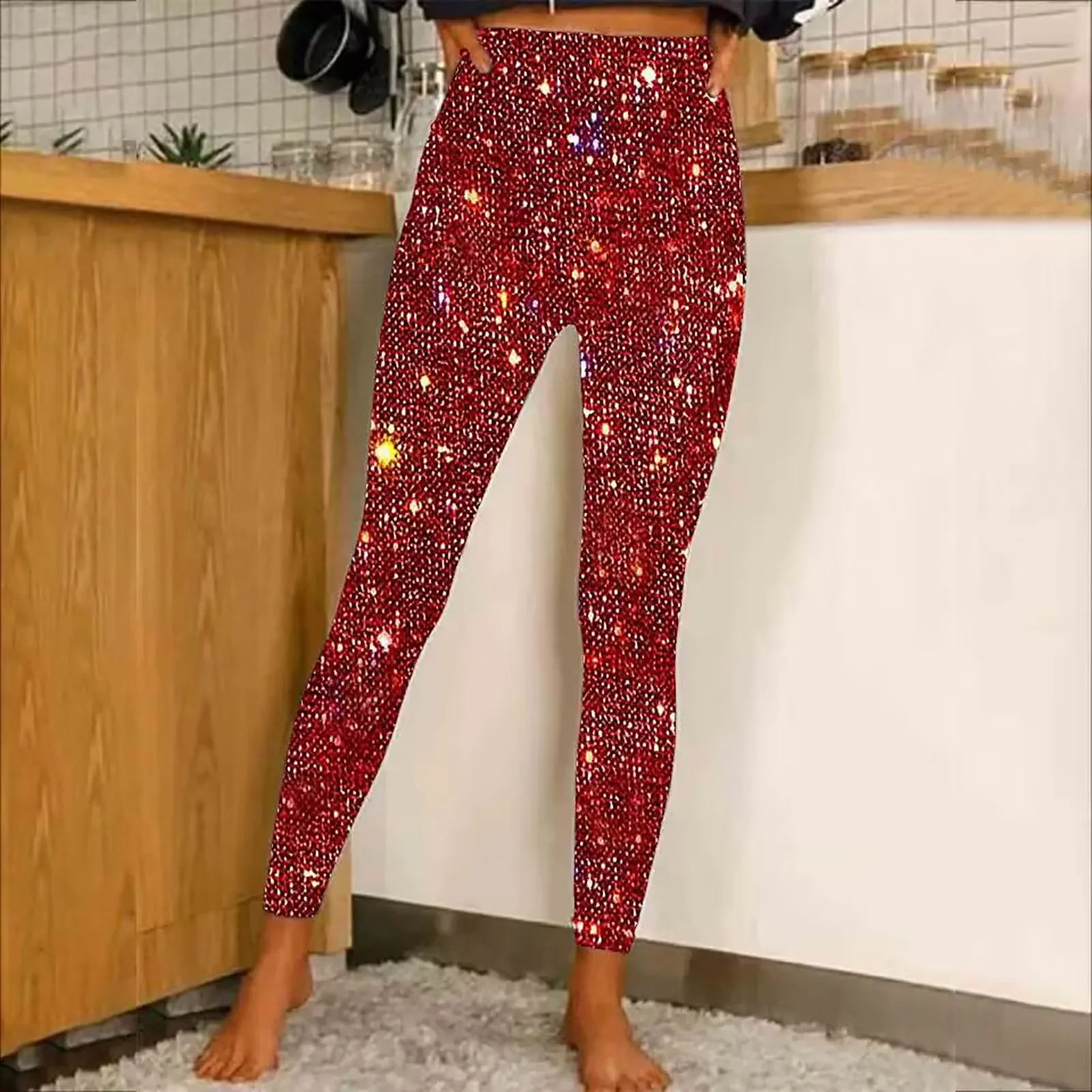 Women Fashion Pants Sequin High Waisted Bottom Slim Fit Leggings Trousers Cotton Comfy Pretty Long Bottom Winter New Year Cloth