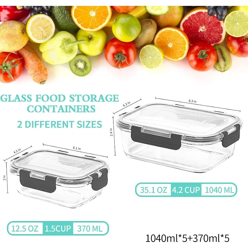 10-Pack Glass Meal Prep Containers, Food Storage Containers with Snap Locking Lids, Airtight Bento Boxes for Microwave