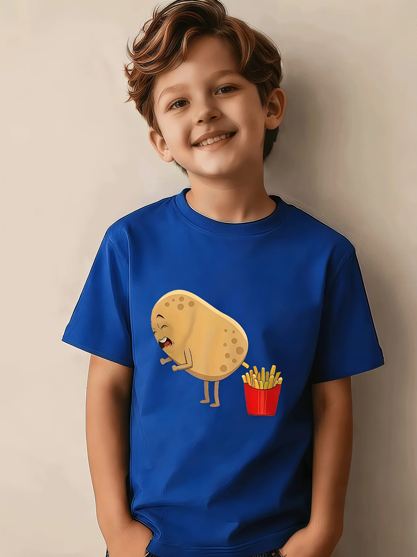 Youth Street Style Fun French Fry Print Summer Street Loose Round Neck T-shirt Casual and Fashionable Parent-child Outfit