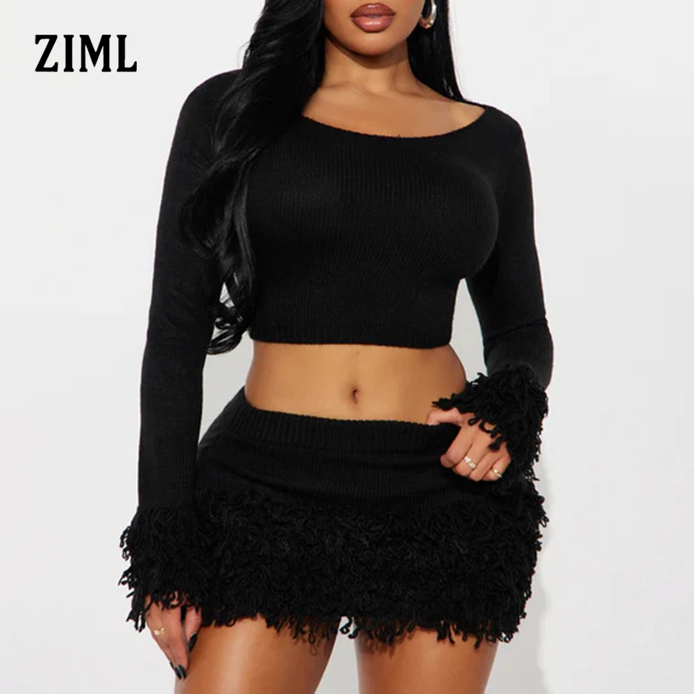 

ZIML однотонный комплект из двух предметов для женщин, круглый вырез, длинный рукав, короткие топы, мини-юбка с высокой талией, мини-юбка, вязаный комплект с кисточками, женский