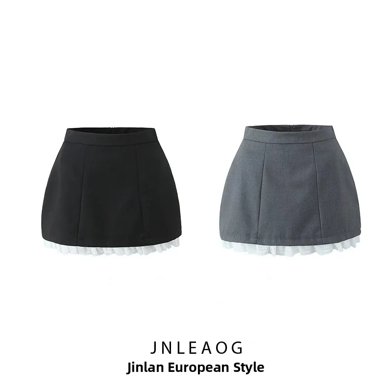 

JNLEAOG Autumn New Women's Lace Trim Puffy Skirt High Waist A-Line Skirt Ci Walk Polyester Fiber Splicing Design Sensation