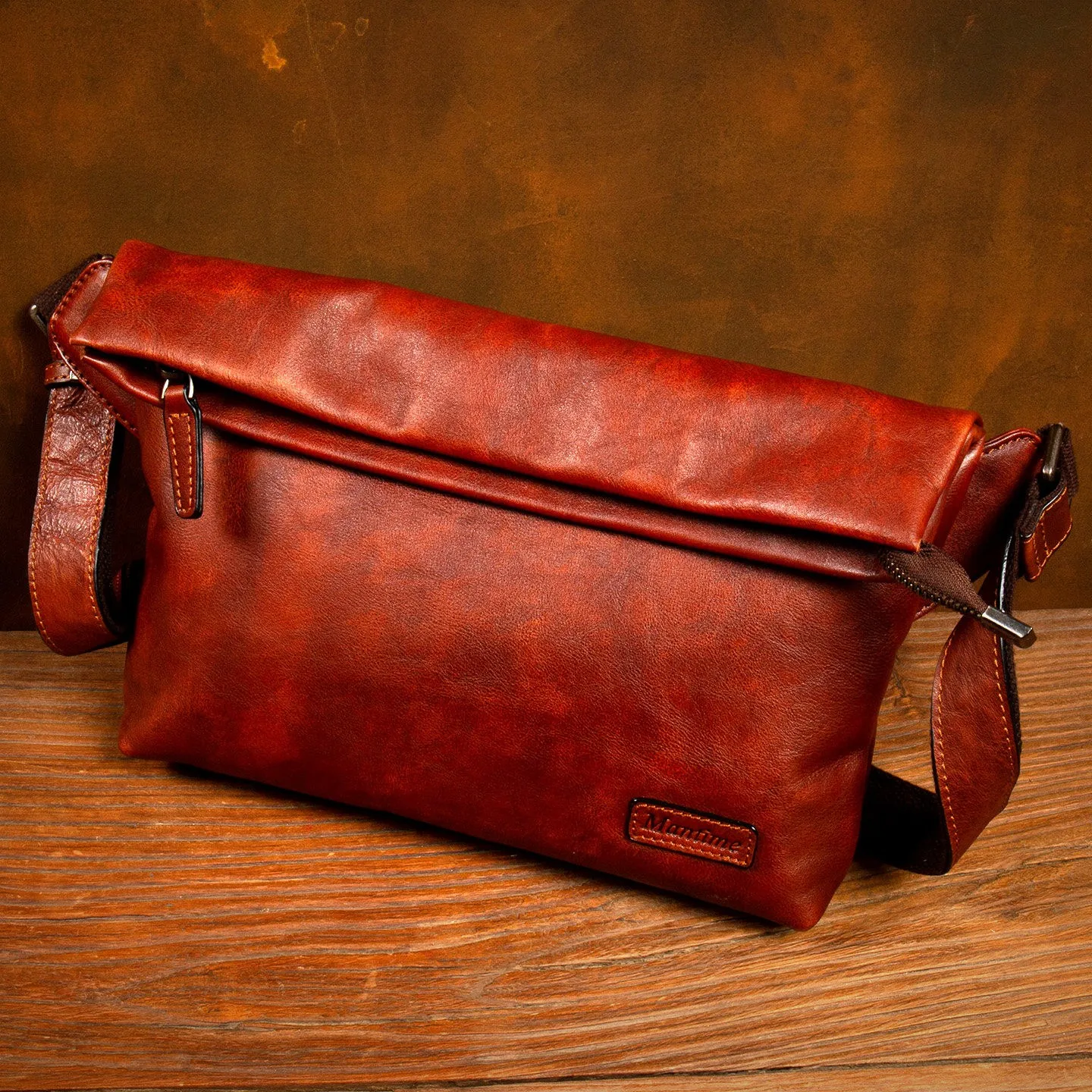Retro Trend Handmade Genuine Leather Shoulder Bag, Horizontal Men's Bag, Casual Top-Grain Vegetable-Tanned Leather Crossbody Bag