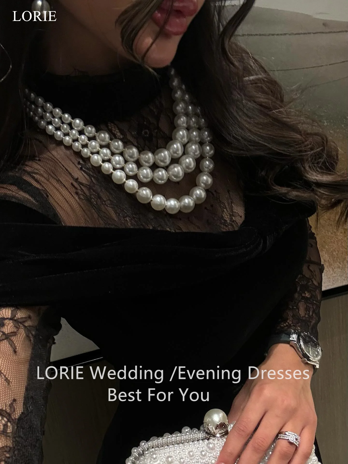 LORIE فساتين حفلات سوداء أنيقة مخملية مكشوفة الكتف من الدانتيل وأكمام طويلة فستان حفلة موسيقية مسائية على شكل حرف A فستان حفلات مخصص