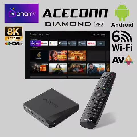 ACECONN Streaming Android IPTV Boxes 4K 8K TVONAIR3 2G 32GB WiFi6 Gigabit BT Support Voice Remote Backlight Diamond Pro TV Box