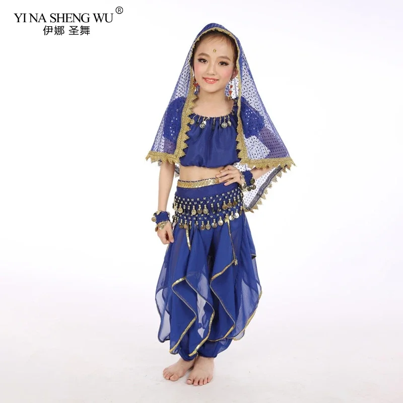 

Детский костюм для танца живота с короткими рукавами для девочек, комплект из 3 предметов, детский танцевальный костюм для индийского танца для девочек, танцевальный костюм для девочек