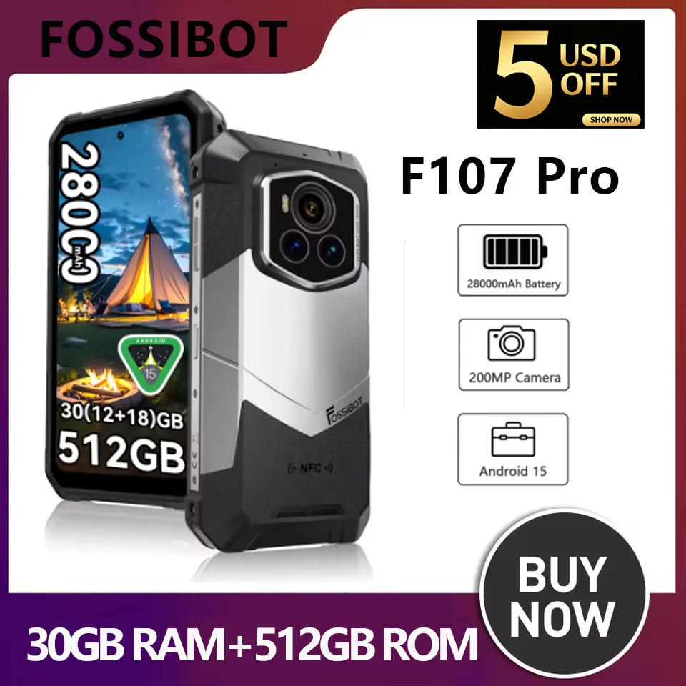 هاتف FOSSiBOT F107 PRO 5G المتين مع بطارية فائقة السعة 28000 مللي أمبير وشحن سريع 66 واط وذاكرة 30 جيجابايت + 512 جيجابايت وشاشة FHD+ ونظام أندرويد 15 للاستخدام الخارجي