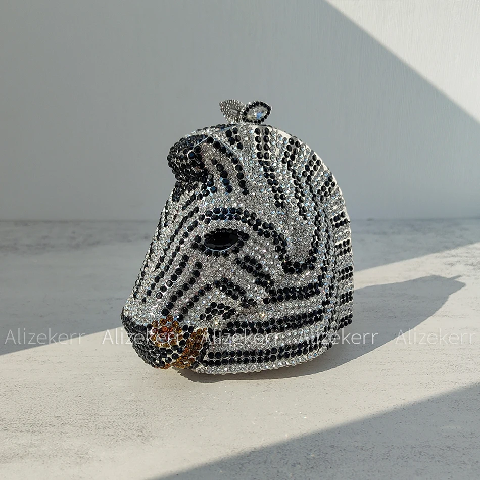 Alizekerr Horse Shaped Diamond Evening Bags Women Gorgeous Unique Zebra Striped Rhinestone Purses And Handbags Wedding Party