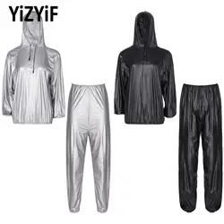 Mens Womens Sauna Suit PVC Sports Suit Unisex Slimming Fitness Workout Outfits Long Sleeve Tops with Elastic Waistband Pants