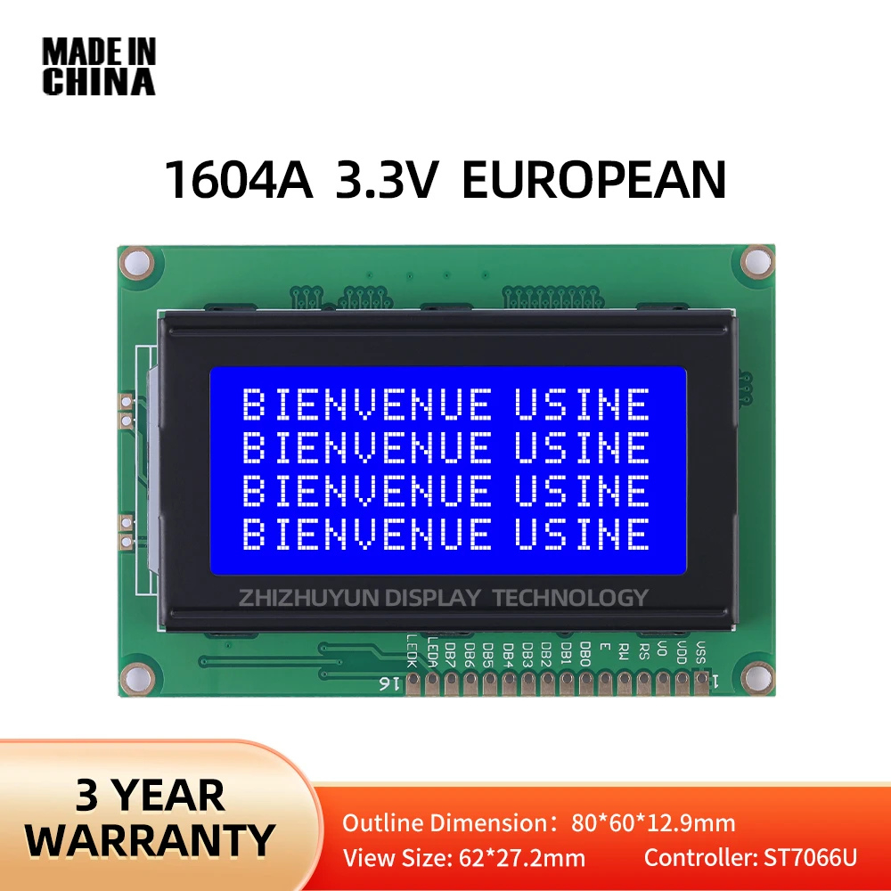 Quality Assurance LCD1604A 3.3V European LCD Display Blue Film ST7066U Controller 3.6 Inch LCD Screen