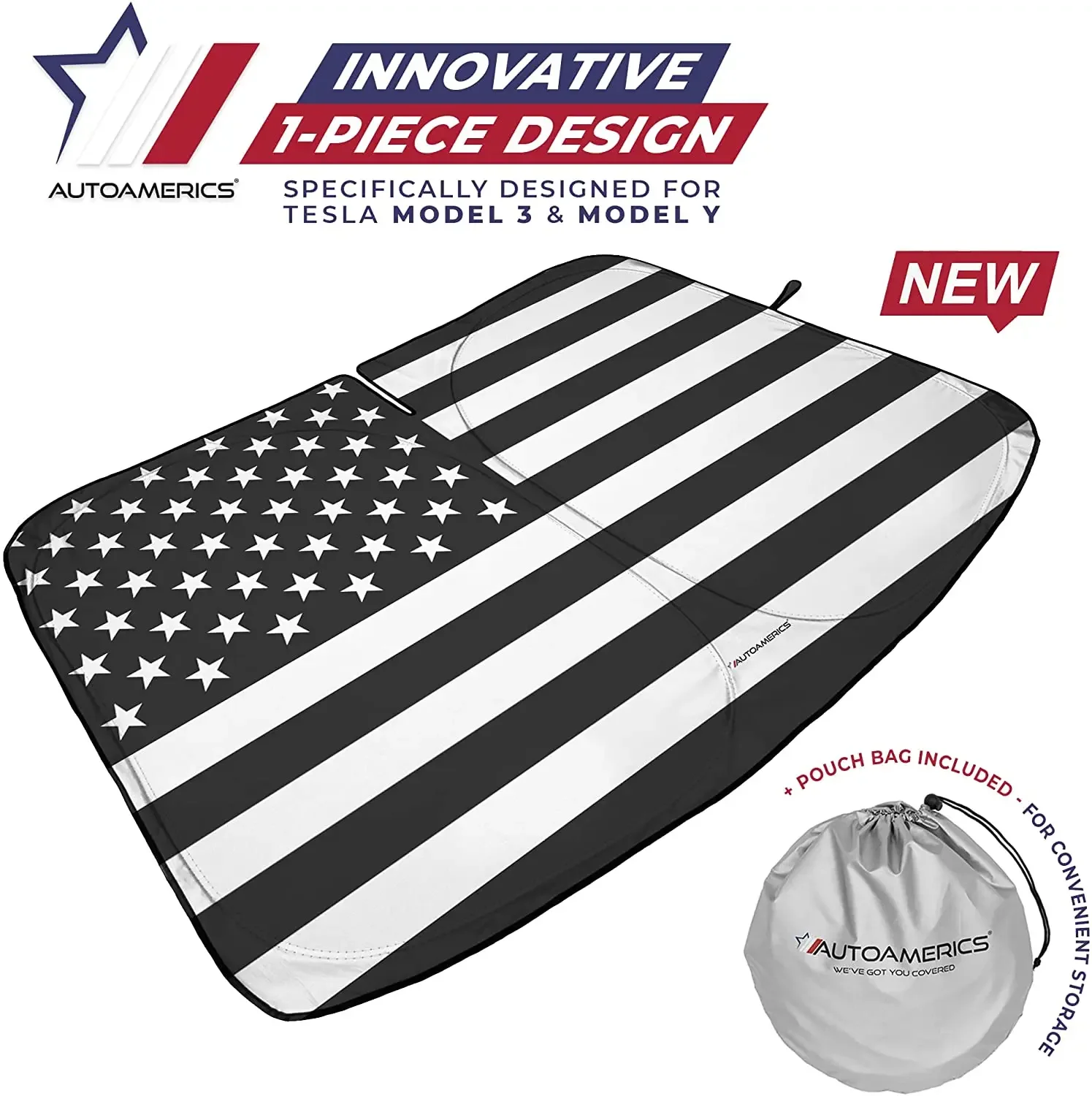 Autoamerics 1-Piece Windshield Sunshade New USA B&W Patriotic Flag - Specially Designed for Tesla Model 3 and Y - Foldable Light