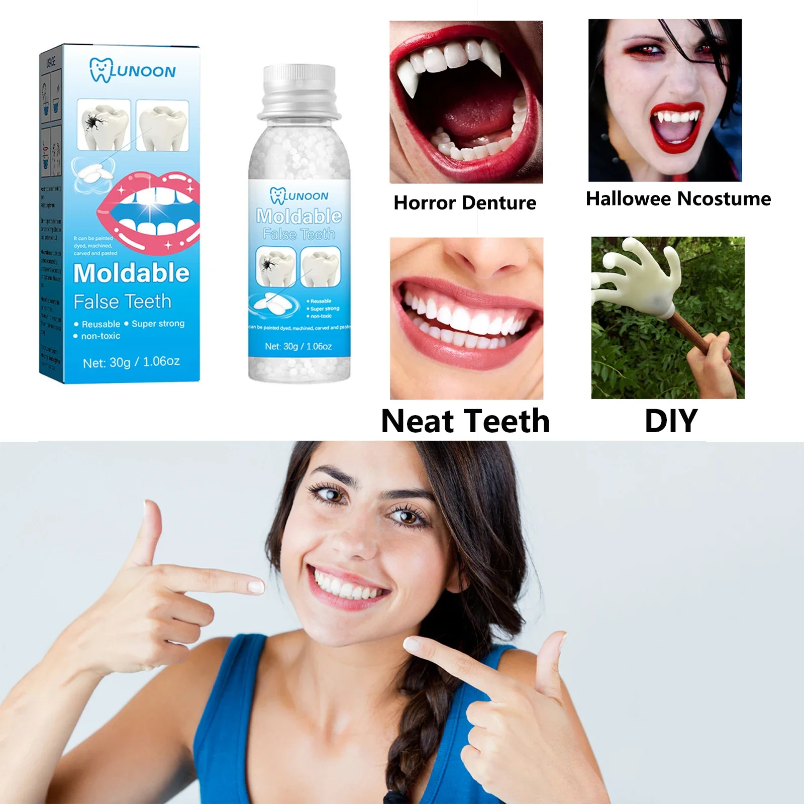 

LUNOON 10 г формованные гранулы для вставных зубов, клей для протезов, зазоры для зубов - нетоксичные инструменты для ремонта зубов, подходящие для зазоров и косплея