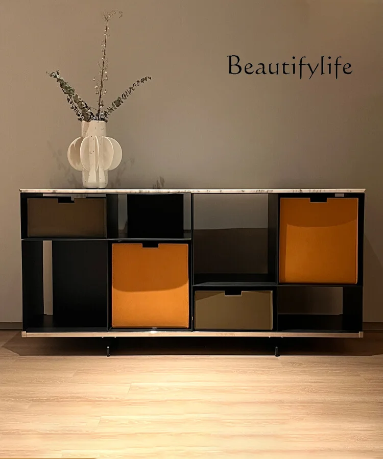 Italian Minimalist Saddle Leather Sideboard Cabinet Nordic Light Luxury Entrance Cabinet High-End Marble Top Storage Cabinet