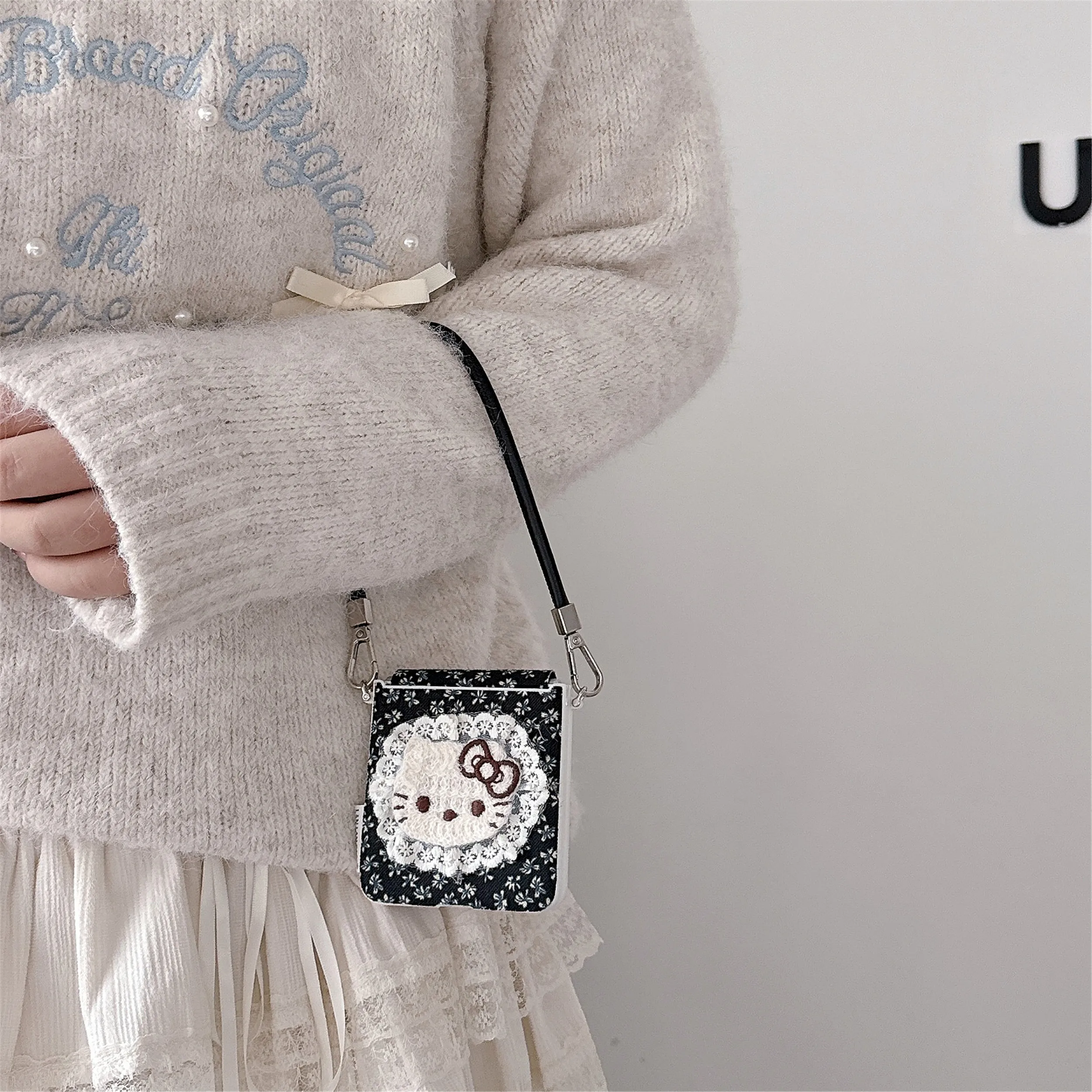 Korean cute little flower plush Hellokitty phone case for Samsung Galaxy Z flip6 7FE Flip5 6 Flip7 cover with strap fashion case view 5