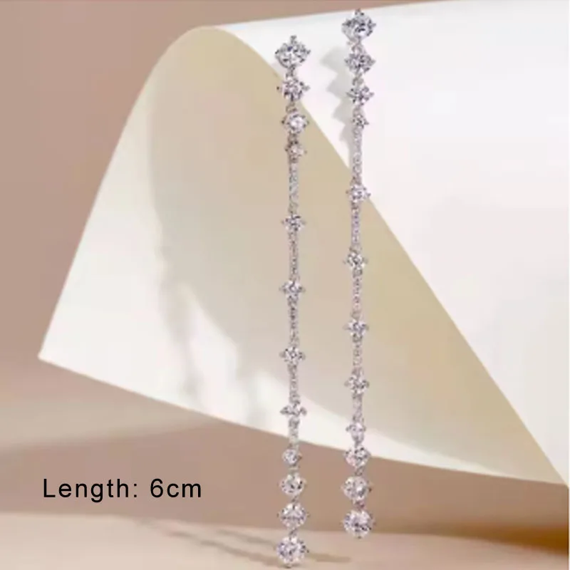 Silver Needle Long Dangle Drop Earrings for Women Cubic Zircon Crystal Wedding Female Tassel Earrings