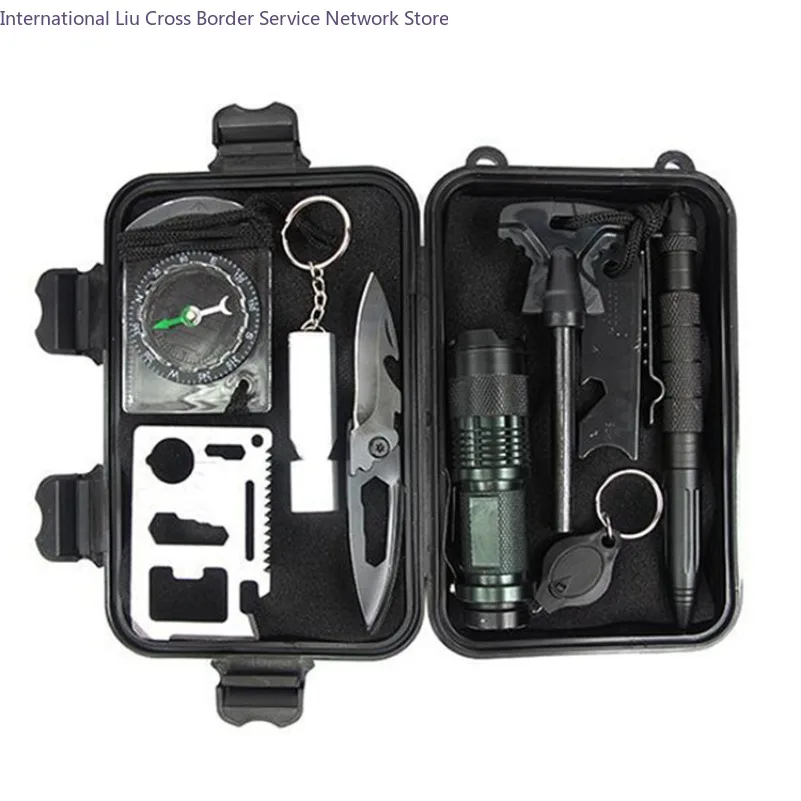 Outdoor survival box, survival tool set, flashlight, multi-function knife, outdoor first aid box.