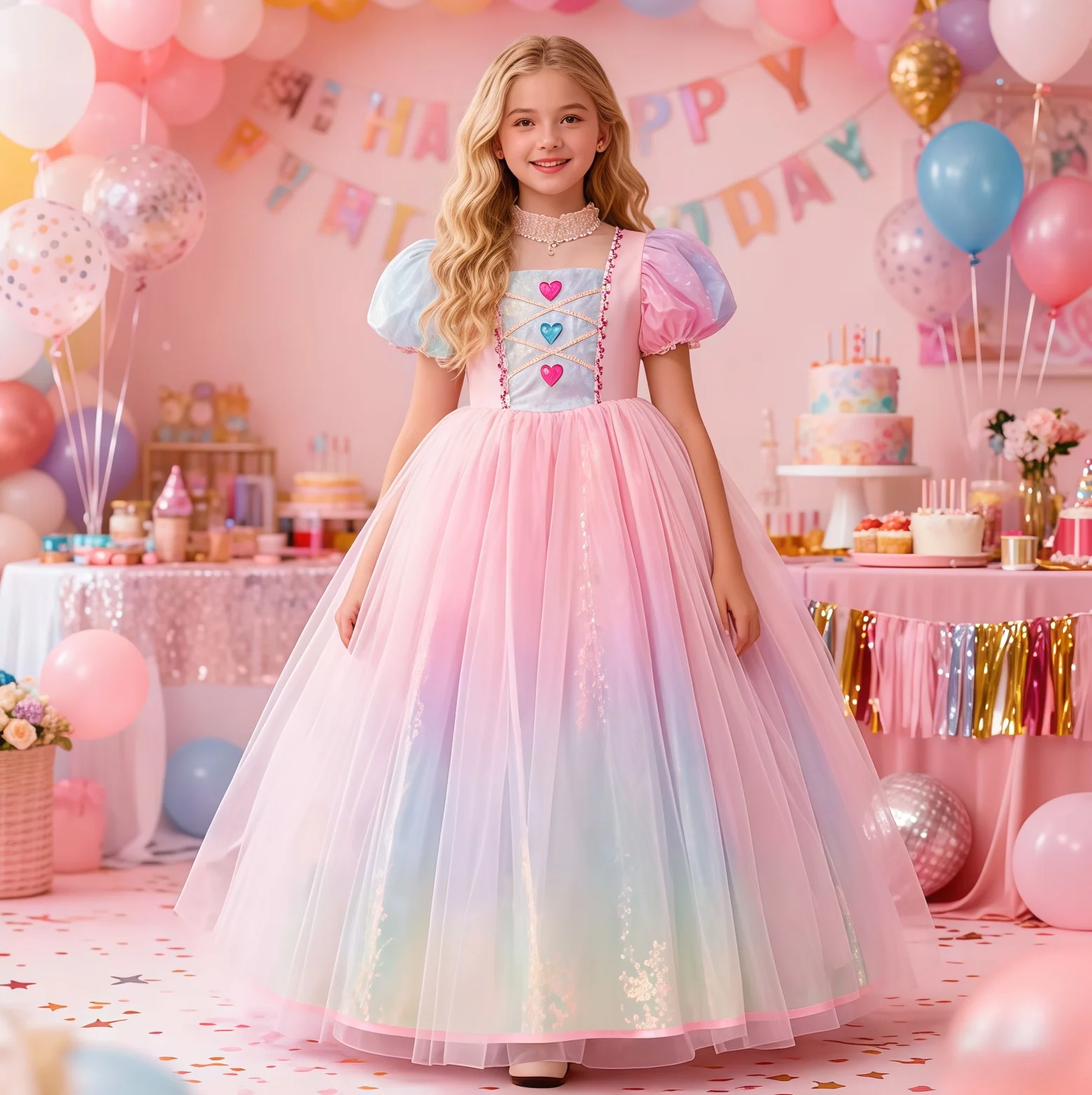 Colorful Beading Party Dress Sleeping Princess Gown Girls Pink Shining Tutu Dresses For Kids Formal Evening Birthday Vestidos