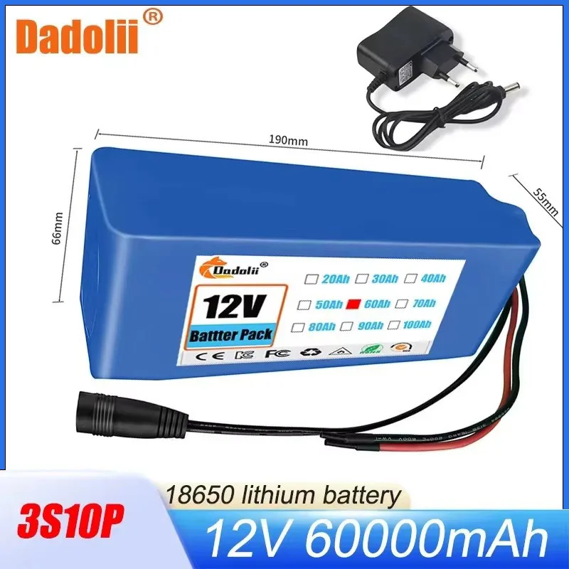 New 18650 3S10P 12V 60Ah Rechargeable Lithium Ion Battery Pack,For Electric Bike Hoverboard 12V Li-ion Battery +12.6V Charger