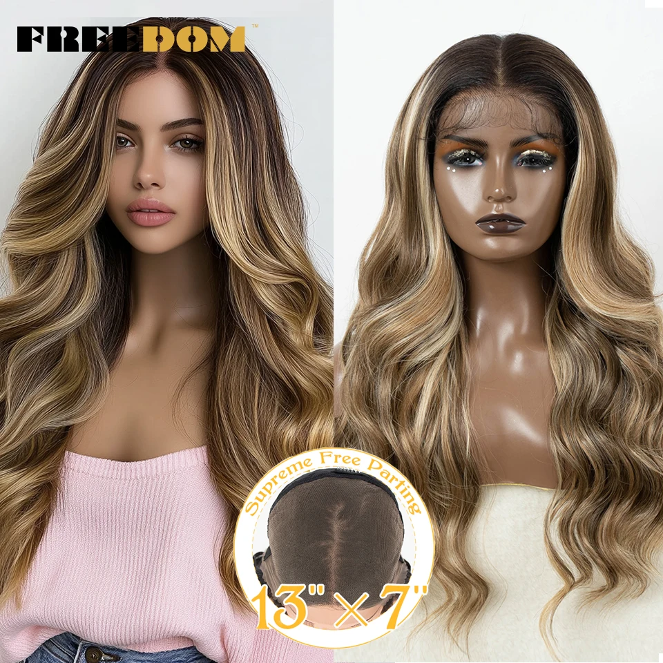 

FREEDOM Synthetic Lace Front Wigs For Women 26 Inch 13x7 Body Wave With Baby Hair Lace Front Wig Ombre Brown Blonde Cosplay Wig