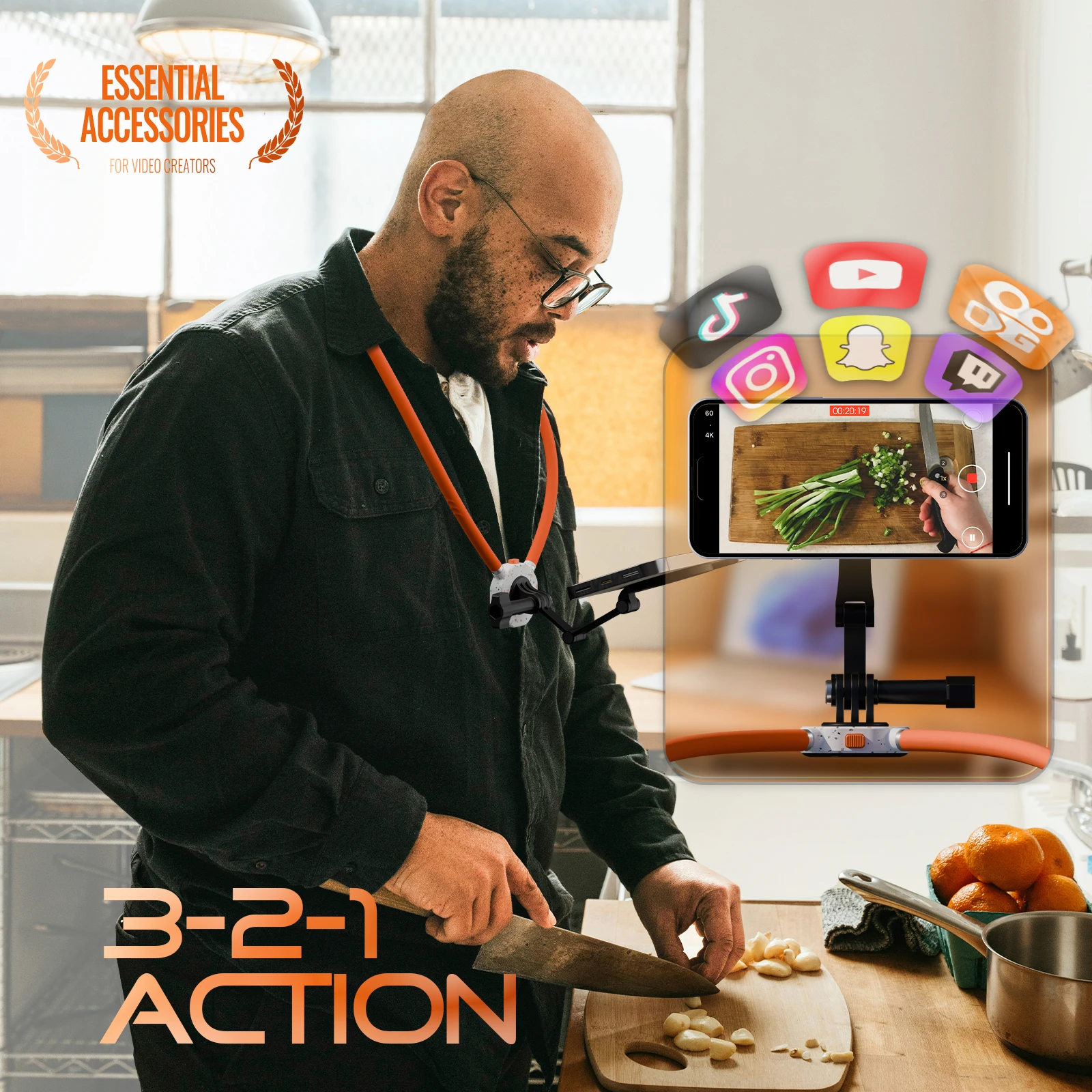 Магнитный держатель телефона на шею 4-в-1, совместимый с Android, iPhone, GoPro, DJI, подходит для приготовления пищи/велосипеды/на открытом воздухе