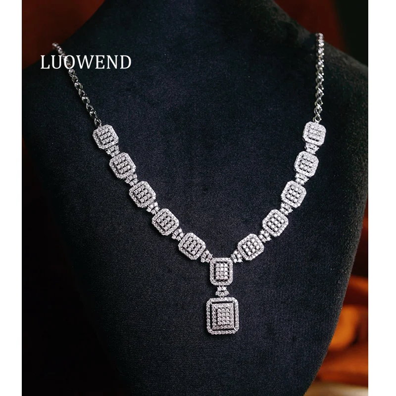LUOWEND 100% 18K White Gold Necklace Luxury Elegant Style 3.0carat Real Natural Diamond Necklace for Women High Party Jewelry