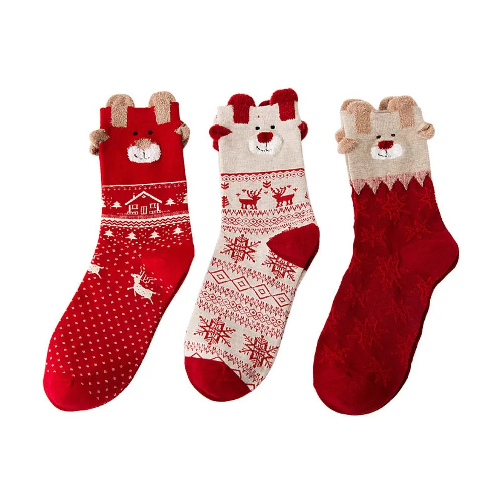 Cartoon Hosiery Christmas Elk Ankle Socks Sweat Absorbent Breathable Red Women Socks 3 Pairs Snowflake Cartoon Short Socks