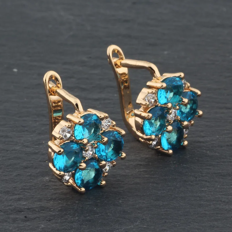 New Trend Natural Zircon Blue Flower Drop Earrings Champagne Gold Color Luxury Women Fashion Jewelry Lovely Hollow Earringsr