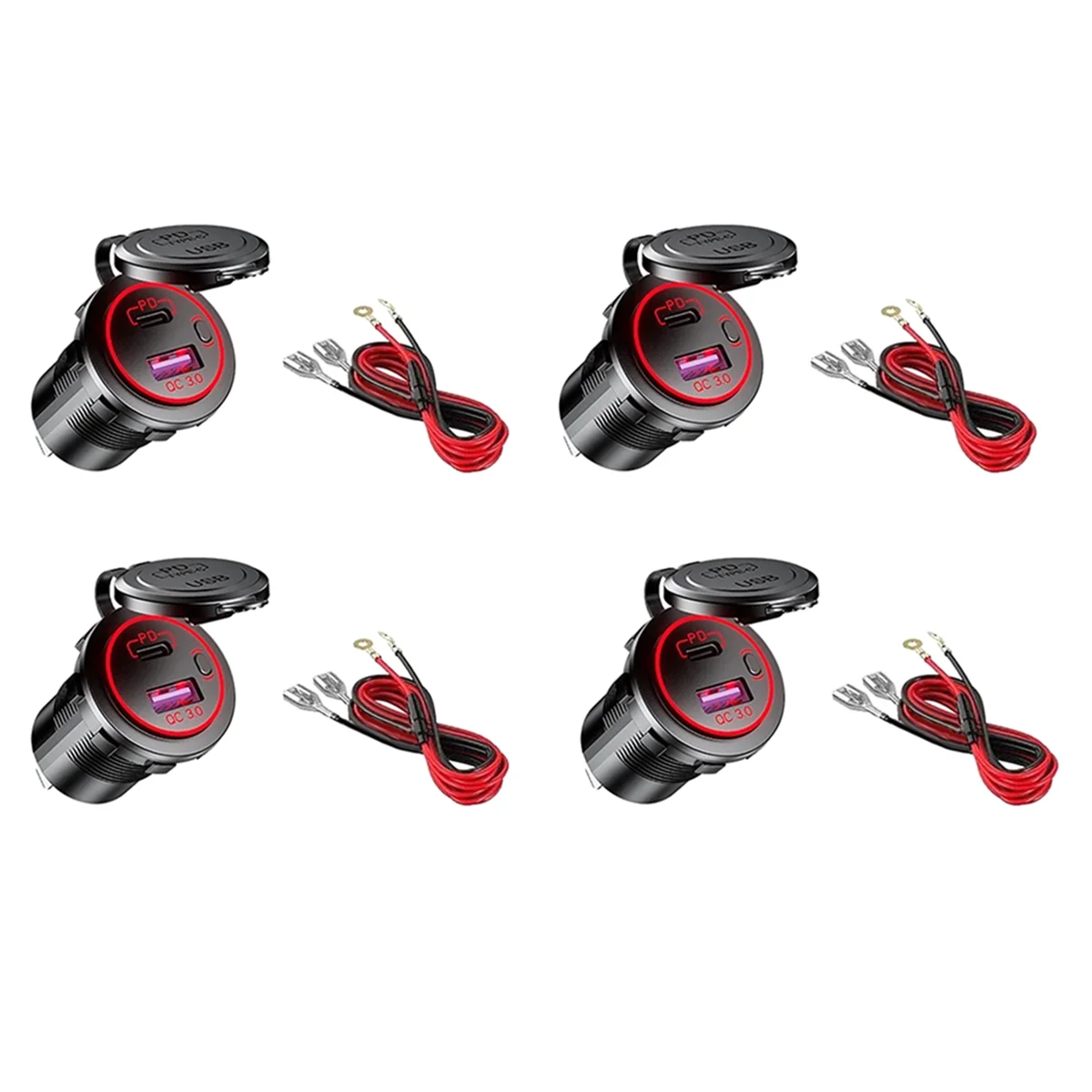 4Set Black + Red PD Type C USB Car Charger and QC 3.0 Quick Charger 12V Power Outlet Socket with ON/Off Switch for Car