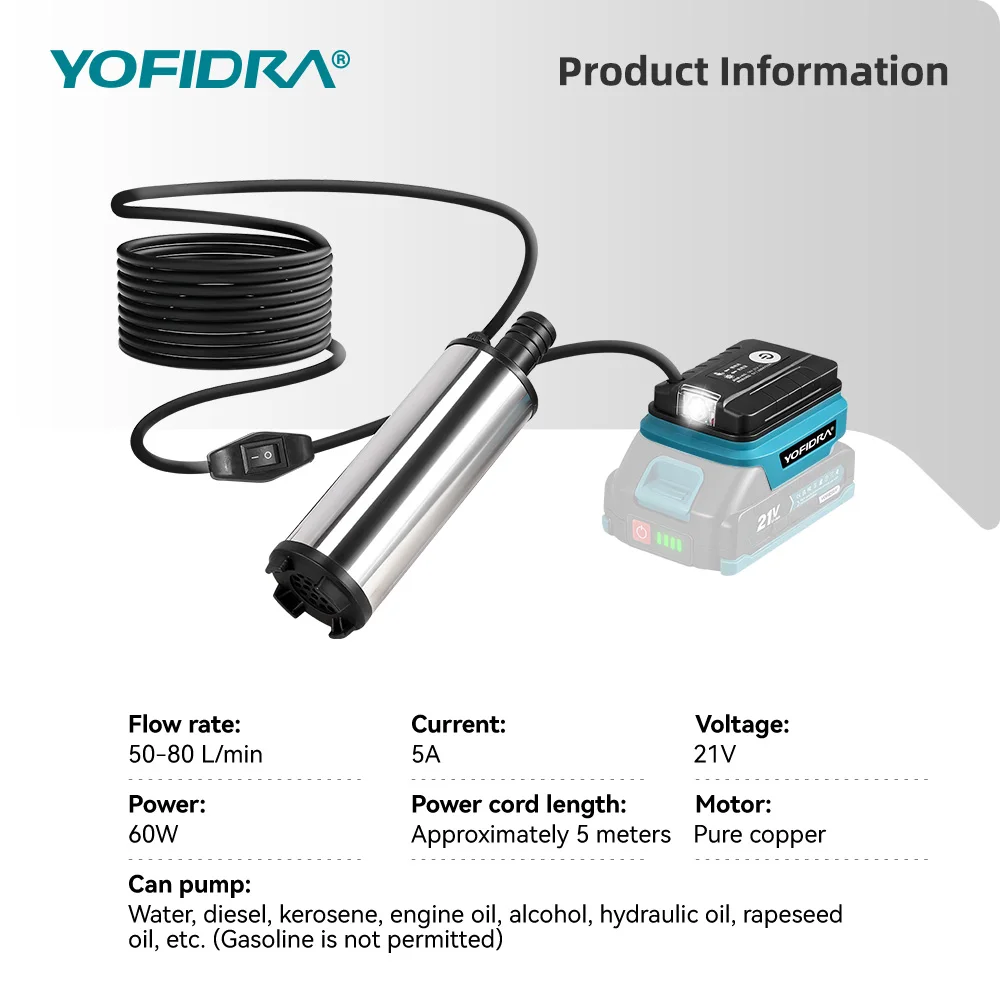 YOFIDRA 60W 50-80L/Min Electric Submersible Pump Cordless Mini Water Transfer Pump Househeld Power Tools For Makita Battery Pin