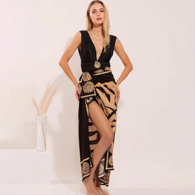 Flaxmaker Deep V-Neck Button One Piece Swimsuit With Cover Up Sexy Women Swimwear Swim Suit Bikinis Bodysuit Bathsuit Beachwear