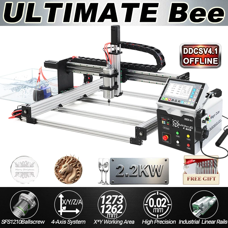 BulkMan3D ULTIMATE Bee 4-Axis CNC Router Kit with DDCSV4.1 Controller Multi-Material Desktop CNC for Aluminum, Wood, Plastics