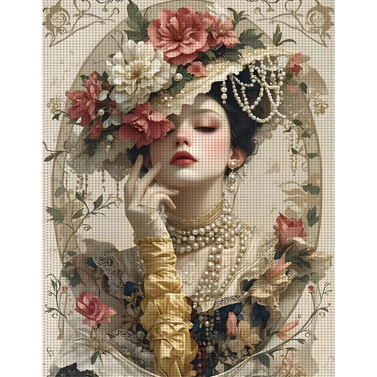 DIY Vintage Pearl Noble Lady Diamond Painting, European Woman Flower Hat Multi-Layer Pearl Jewelry Portrait Wall Decor Gift