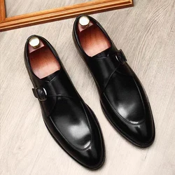 Classic Leather Man Shoes Color Block Round-Toe Buckle Business Dress Leather Shoes Man Casual Wedding Party Shoes For Leisure