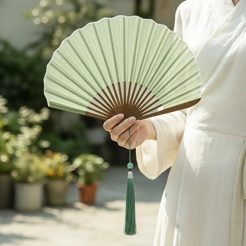 Premium Gift Cotton Linen Folding Hand Fan Bamboo Frame with Tassel Mini Shell Fan for Friend Family Holiday Gifting