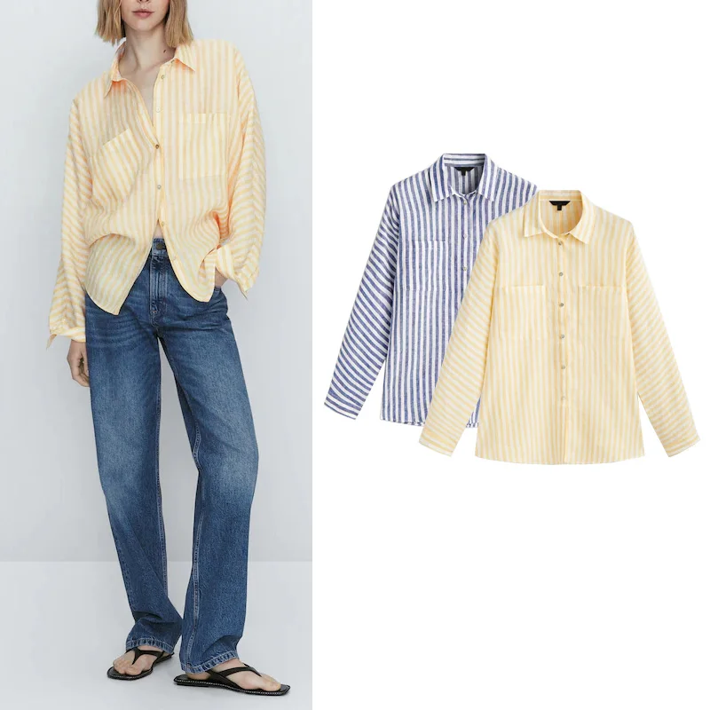 

Women's Commuter Standard Version Mixed Stripe Shirt with Pocket New Arrival Casual Long Sleeve Collar Button Detail