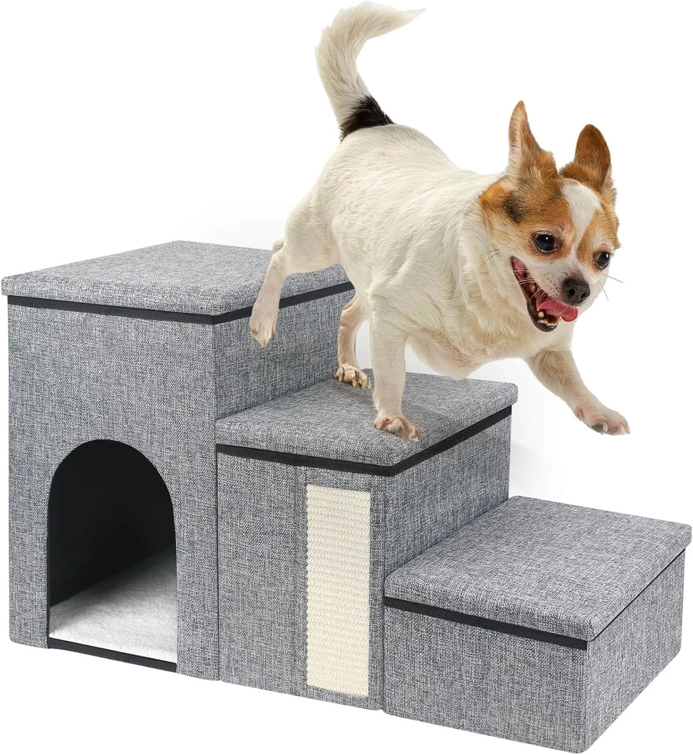 

Dog Stairs for Small Dogs Foldable Pet Stairs with Storage Box, Condo and Cat Scratcher, Adjustable Non-Slip Dog Steps ﻿