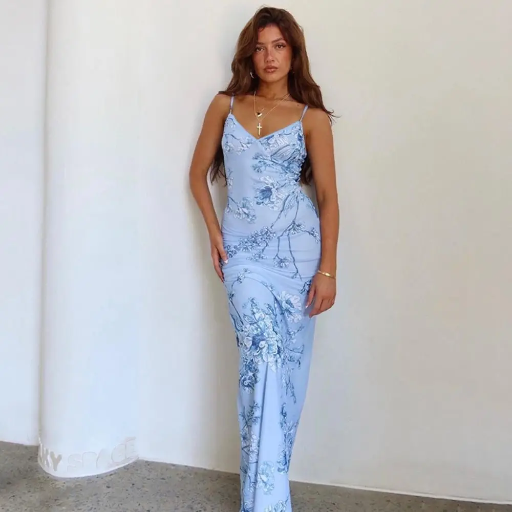 

Slim-fit Dresses Sleeveless Print Suspender Dress Backless Vneck Floral Long Dresses Halter Cross Maxi Dress Women