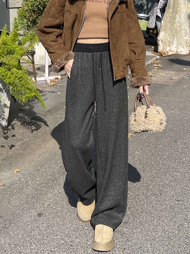 กางเกงขายาวเอวสูงทรงหลวมบุซับในสำหรับผู้หญิง กางเกงลำลองผ้าทิ้นเนื้อนุ่มใส่สบายสำหรับฤดูใบไม้ร่วงและฤดูหนาว