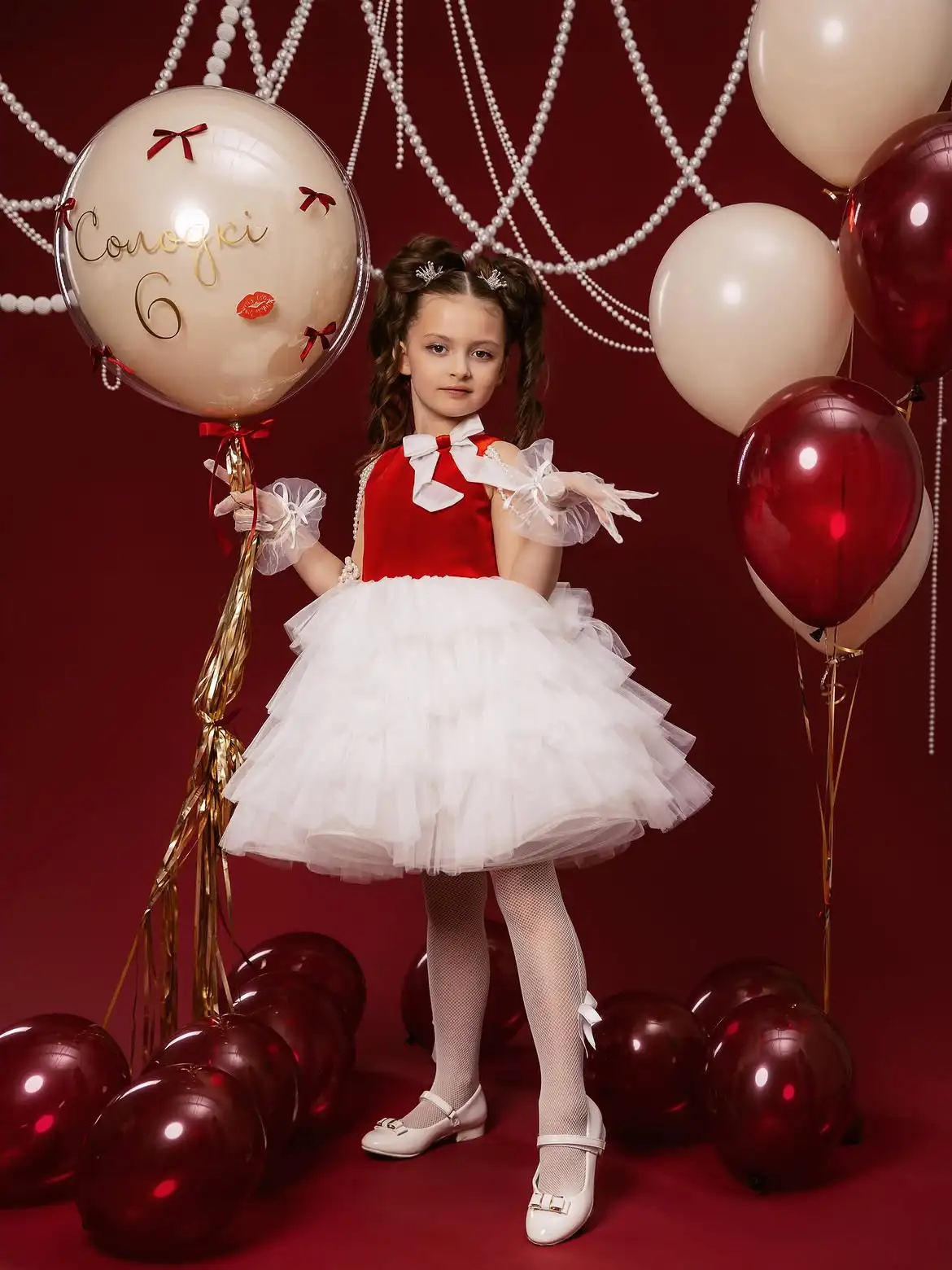 Flower Girl Dress Red Velvet White Tiered Tulle Tutu Pearl Strap Kids Wedding Birthday Party Photoshoot Elegant Princess Formal