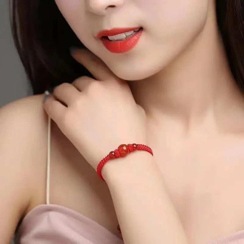Skin-friendly Woven Rope Chain Bracelet Natural Red Agate String Bracelet for Sensitive Skin Daily Wear Gift