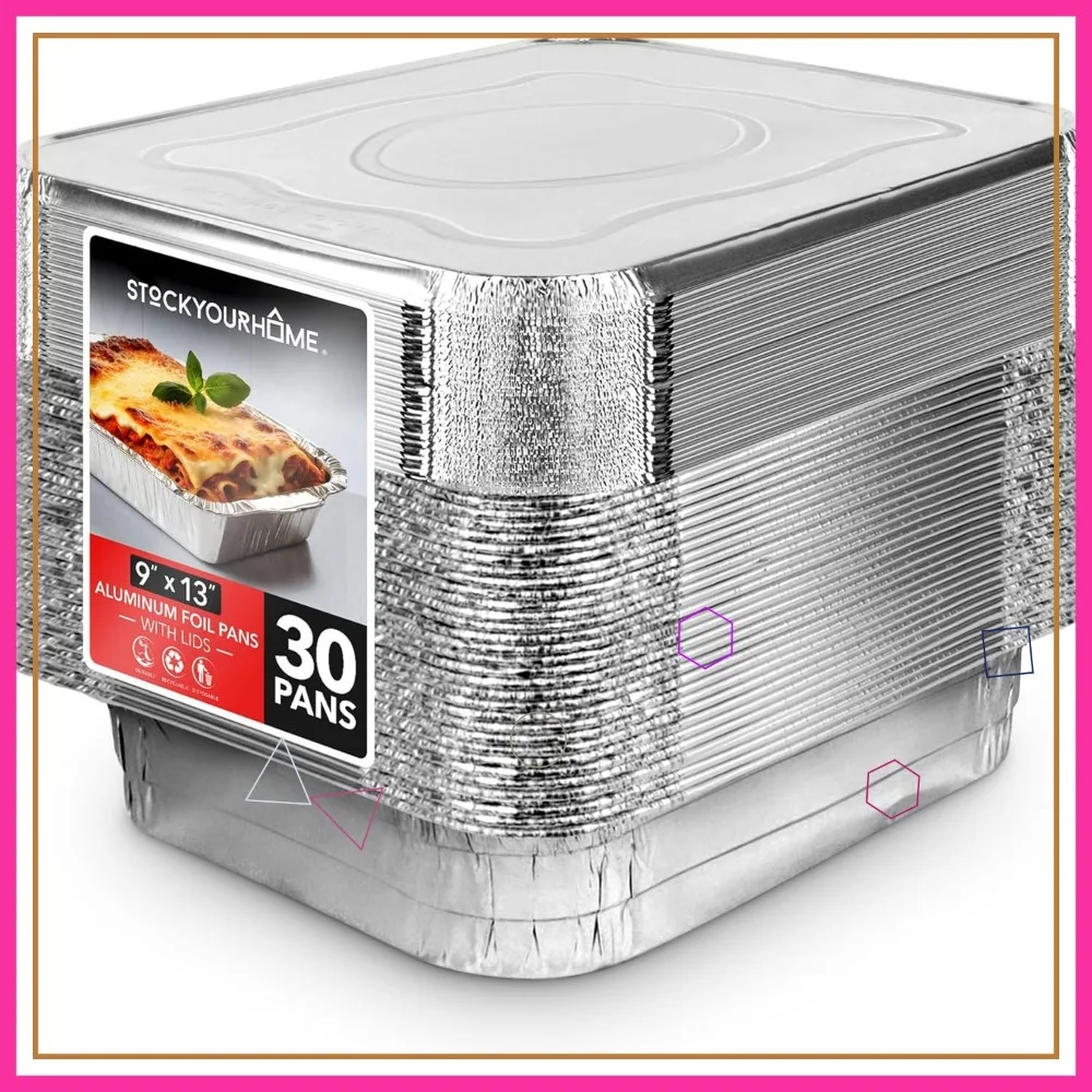 

Set of 30 Heavy Duty Disposable Aluminum Pans with Lids, 9x13 Inches for Baking, Cooking, and Food Storage