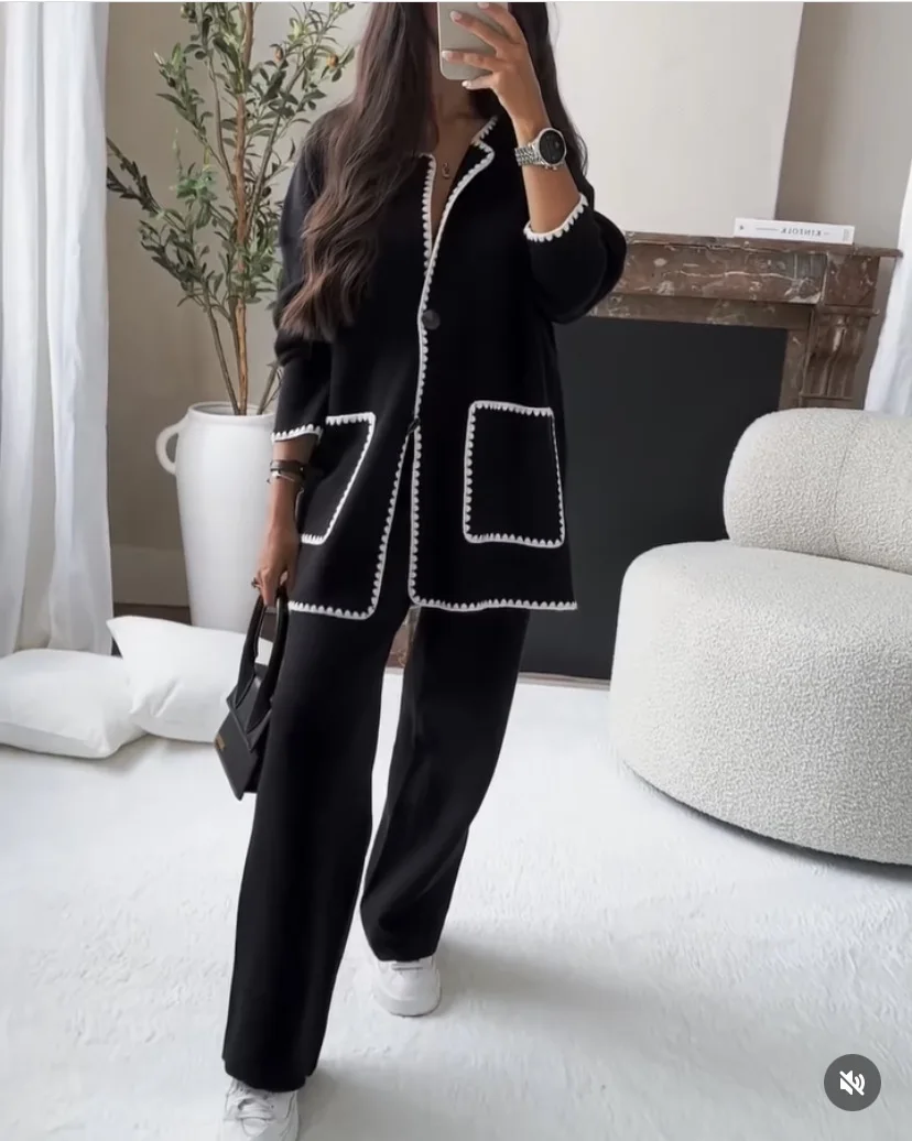 Casual Loose Cardigan Coat 2-Piece Set Women Fashion Patchwork Pocket Woolen Jacket Straight Long Pant Two Piece Suit Oversized